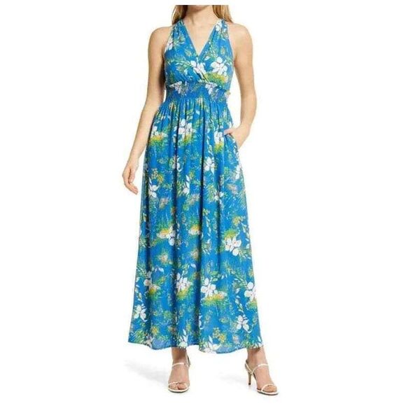 Halogen Women's Maxi Dress Plus Size 2X Blue Floral Faux Wrap Sleeveless V Neck - Picture 1 of 11